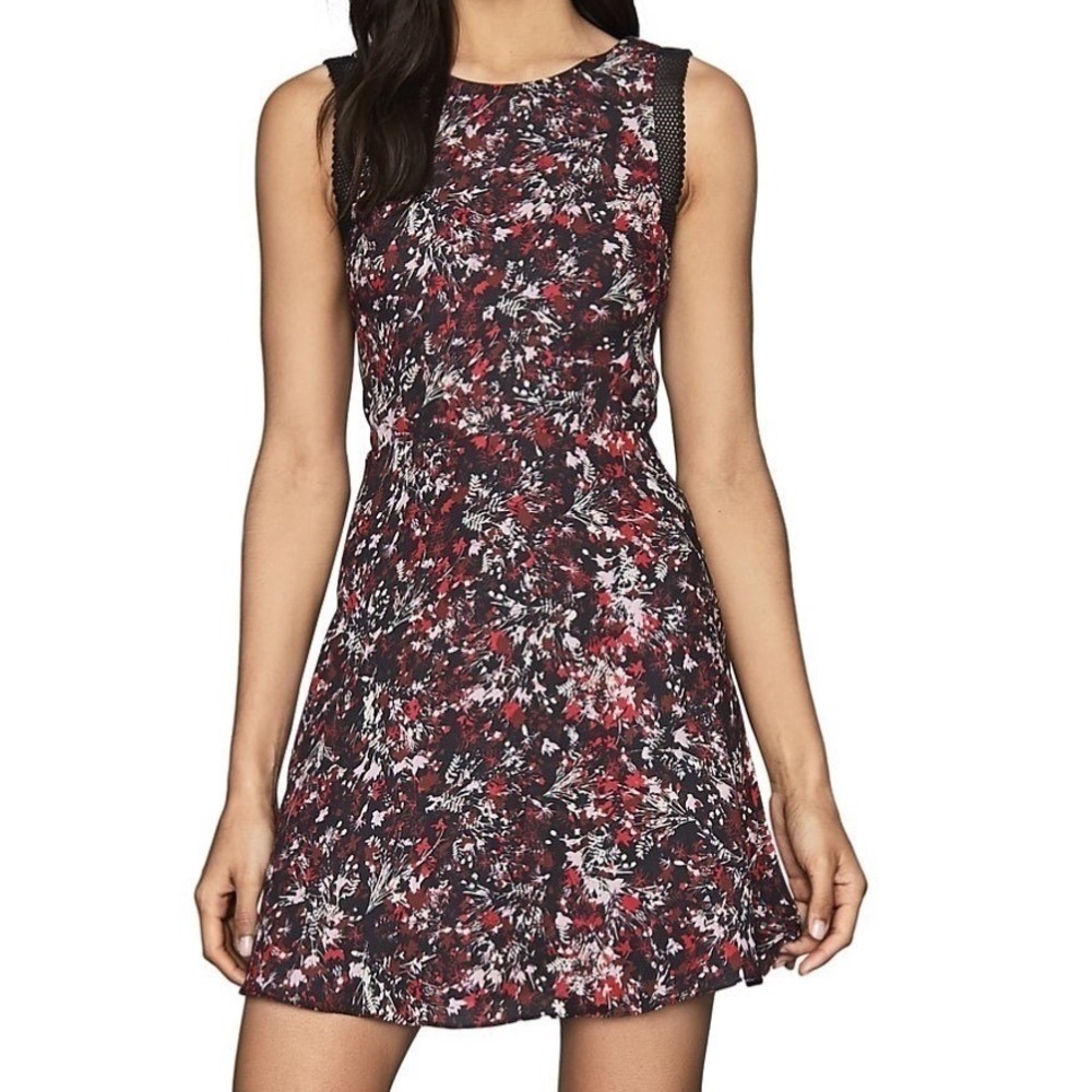 Reiss Floral Fit and Flare Mini Dress Black Red Pink Crochet Trim USA 6 UK 10